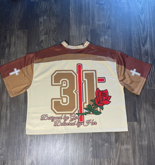 Pretty Girls Love God “Proverbs 31” Jersey – Café Noir & Wheat Faith-based Streetwear (Faith-Fashion Oversized/Cropped Fit)