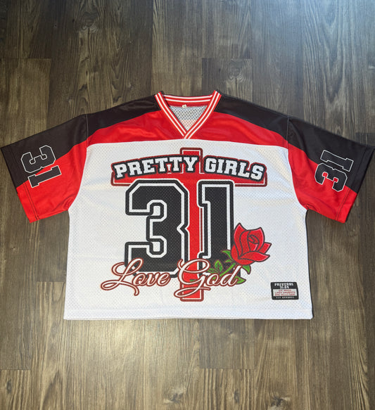 Pretty Girls Love God “Proverbs 31” Jersey – Red, White & Black Faith-Based Streetwear (Faith-Fashion Oversized/Cropped Fit)