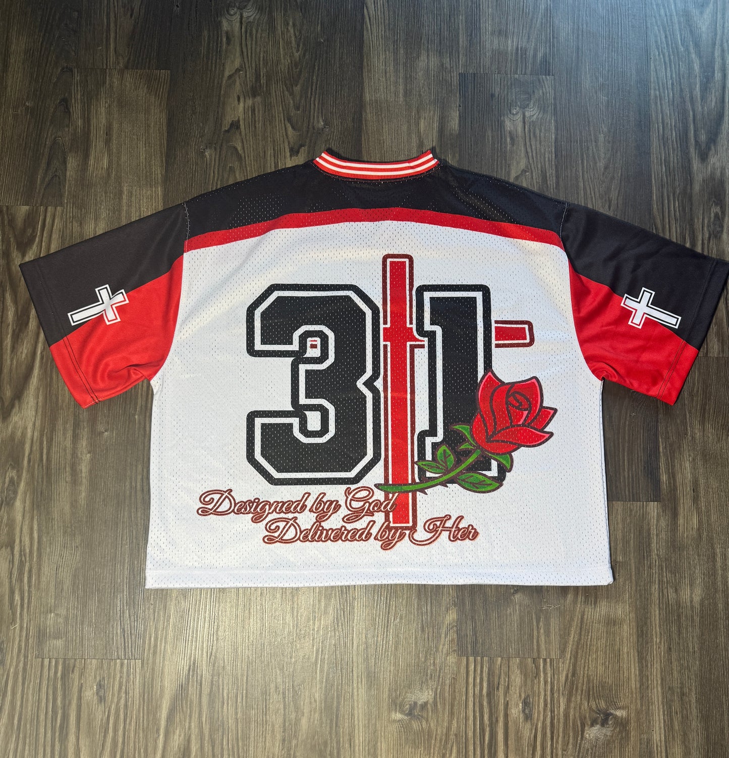 Pretty Girls Love God “Proverbs 31” Jersey – Red, White & Black Faith-Based Streetwear (Faith-Fashion Oversized/Cropped Fit)