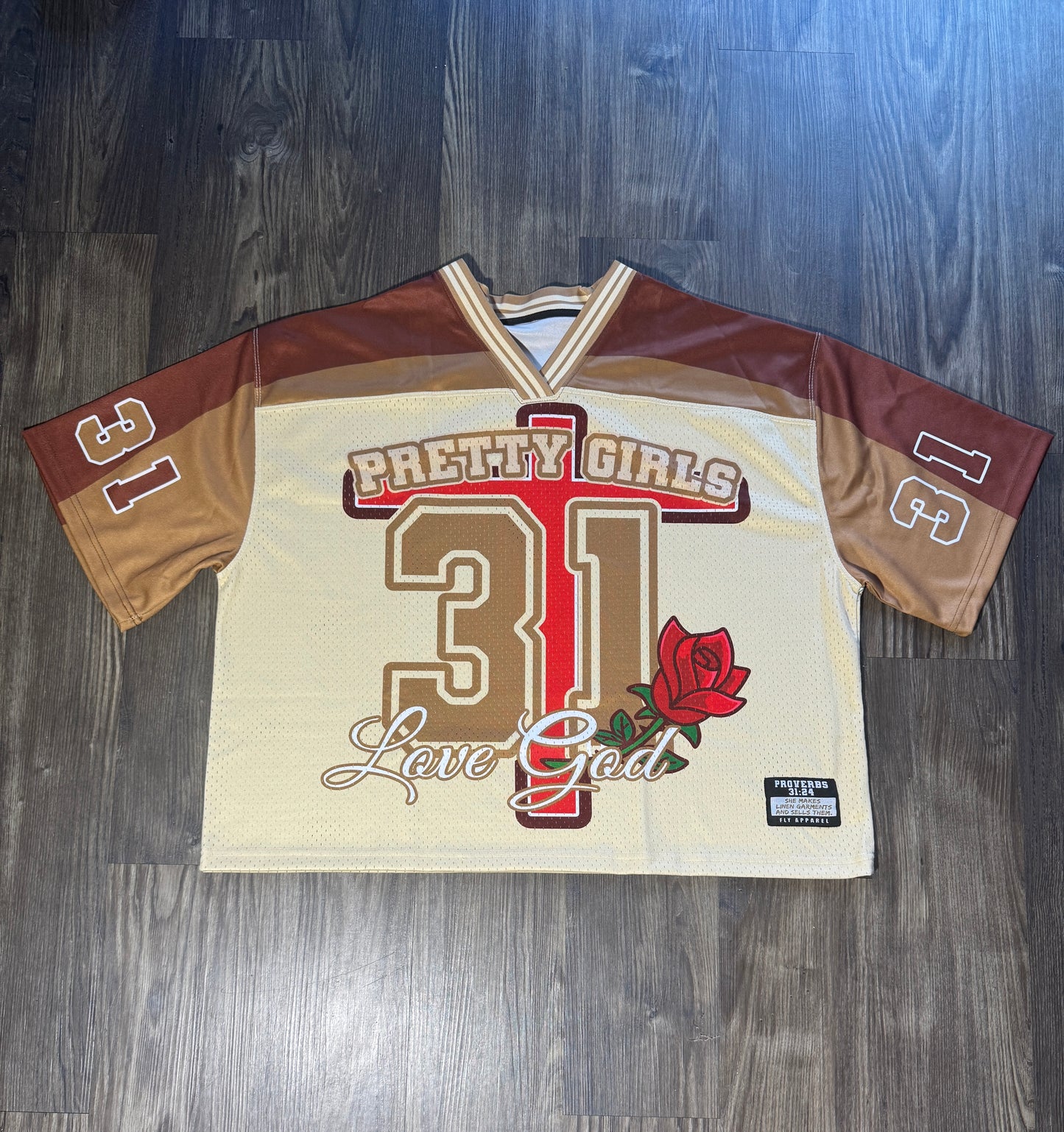 Pretty Girls Love God “Proverbs 31” Jersey – Café Noir & Wheat Faith-based Streetwear (Faith-Fashion Oversized/Cropped Fit)