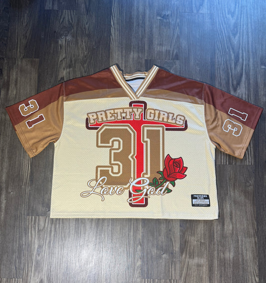 Pretty Girls Love God “Proverbs 31” Jersey – Café Noir & Wheat Faith-based Streetwear (Faith-Fashion Oversized/Cropped Fit)