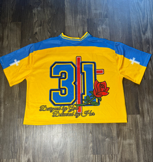 Pretty Girls Love God “Proverbs 31” Jersey – Yellow & Blue Faith-Based Streetwear (Faith-Fashion Oversized/Cropped Mesh Fit)