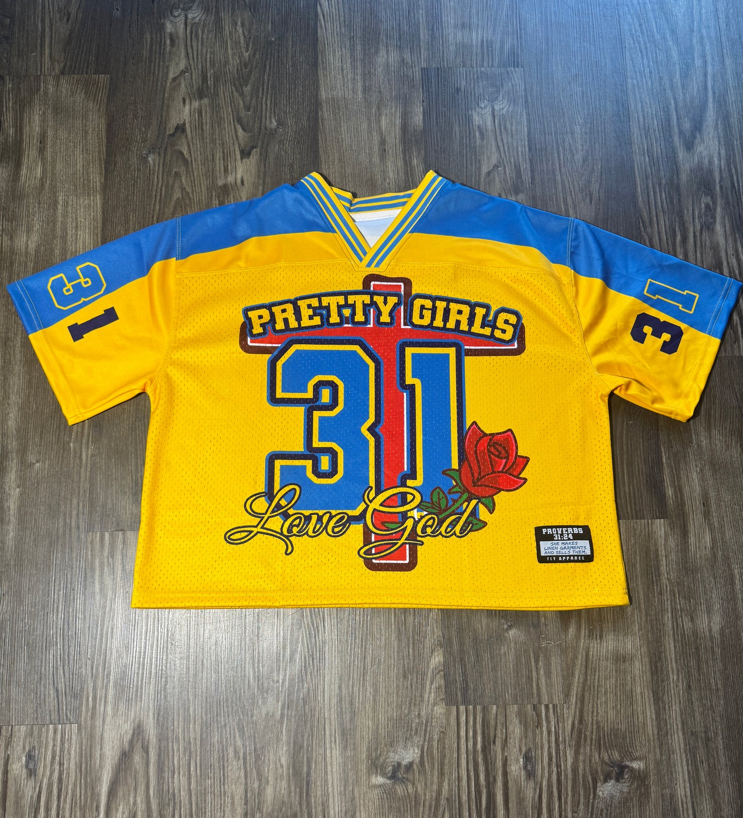 Pretty Girls Love God “Proverbs 31” Jersey – Yellow & Blue Faith-Based Streetwear (Faith-Fashion Oversized/Cropped Mesh Fit)